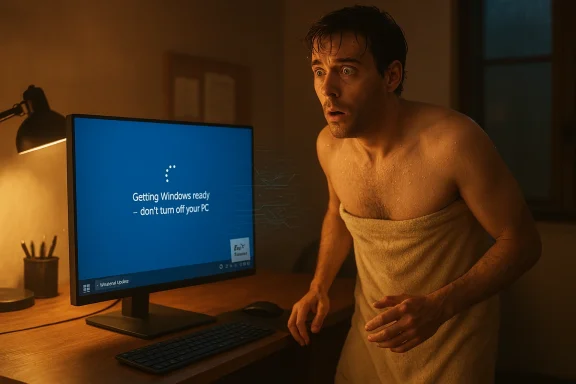 Shocked man in a towel stares at a PC screen displaying “Getting Windows ready – don’t turn off your PC.”