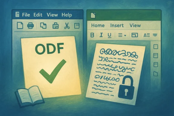 Two computer windows: an ODF file with a green checkmark and a locked, handwritten document.