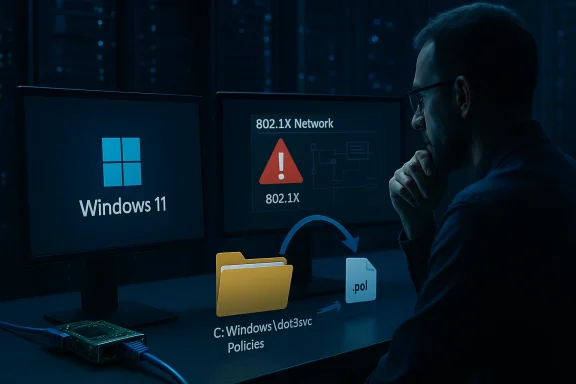 IT professional reviews Windows 11 setup while monitoring an 802.1X network warning.