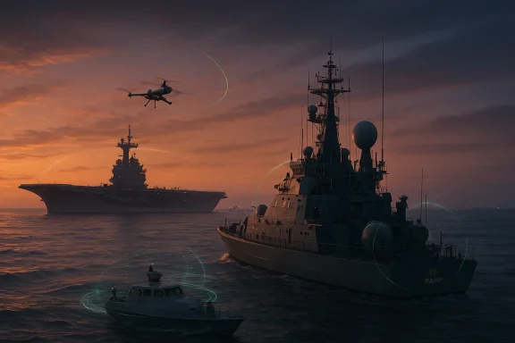 Sunset over a naval fleet with an aircraft carrier, a destroyer, and a helicopter in flight.