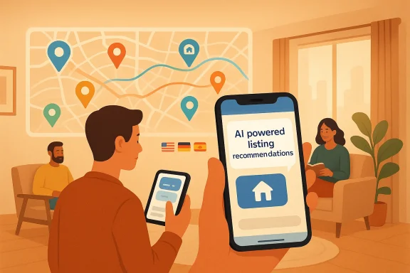 A living room scene where people view AI-powered real estate listing recommendations on smartphones.