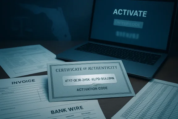 Certificate of authenticity with activation code laid out on a desk beside an Activate laptop screen.