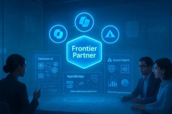 A team reviews a neon holographic display labeled 'Frontier Partner' with cloud logos.