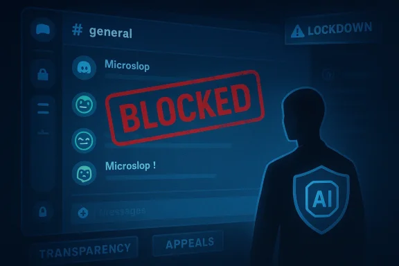 A silhouette wearing an AI shield blocks a chat app screen stamped BLOCKED.