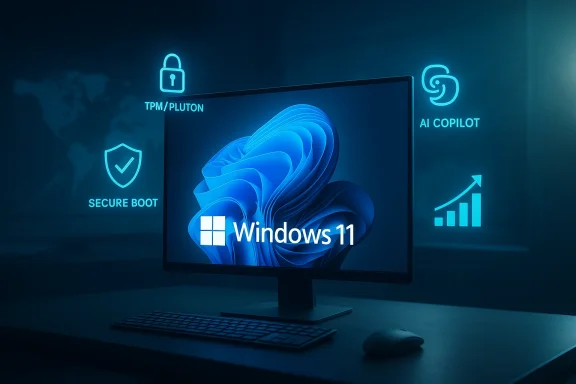 Windows 11 on a monitor, glowing blue with security icons like Secure Boot and AI Copilot.