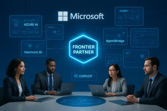 Business professionals in a boardroom watch a glowing 'Frontier Partner' emblem on a Microsoft backdrop.