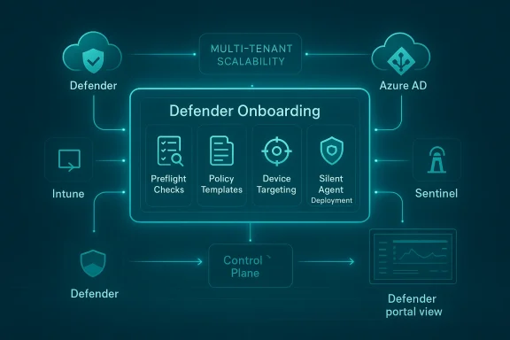 Defender Onboarding central hub with preflight checks, policy templates, device targeting, and silent agent deployment.