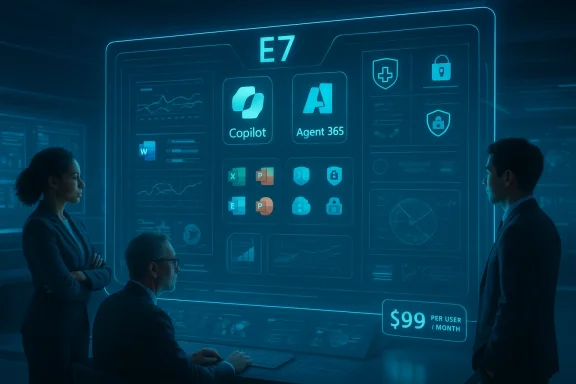 Three professionals review a holographic dashboard featuring Copilot and Agent 365 icons, with $99 per user per month.