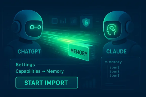 ChatGPT and Claude exchange a glowing memory module on a neon AI dashboard.