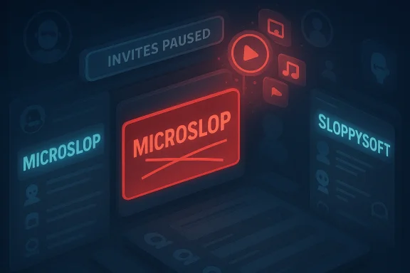 Neon panels parody tech giants with 'MICROSLOP' and 'SLOPPYSOFT' branding as invites paused.
