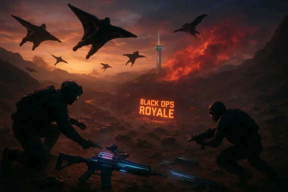 Soldiers crouch in a lava-lit wasteland as dragon-like aircraft circle a neon Black OPS Royale battleground.