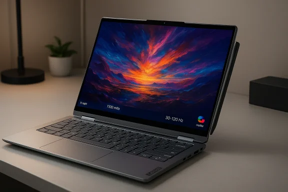 Sleek 2-in-1 laptop with a stylus on the desk, displaying a vivid sunset wallpaper. Sleek 2-in-1 laptop with a stylus on the desk, displaying a vivid sunset wallpaper.