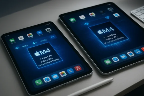 Two tablets display a glowing M4 chip spec: 8-core CPU, 9-core GPU, 16-core Neural Engine.