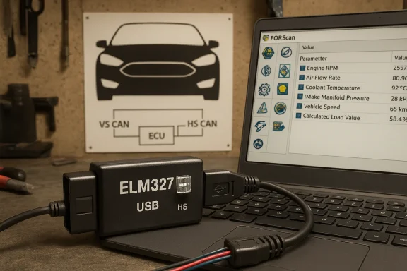 OBD-II ELM327 USB adapter connected to a laptop for car diagnostics.