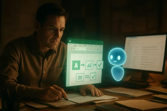 A man studies documents at a desk as a glowing holographic Excel sheet and AI assistant hover nearby.