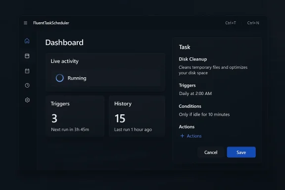 Dark dashboard UI for FluentTaskScheduler showing live activity, triggers, history, and task details.