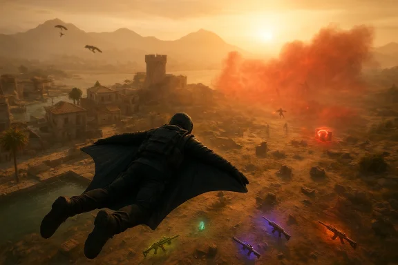 A cloaked figure glides over a ruined village as orange smoke rises and glowing rifles lie below.