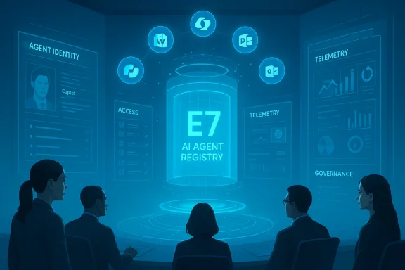 A team watches the E7 AI Agent Registry hologram in a high-tech control room.
