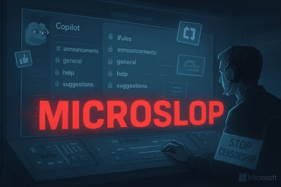 A headset-wearing operator at a control panel, with a large MICROSLOP screen and a Stop Censorship sign.