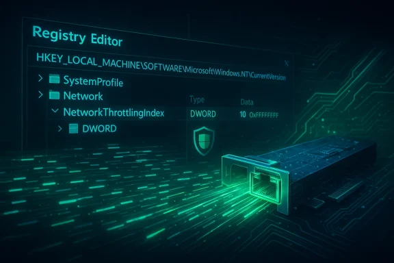 Futuristic Registry Editor screen with a glowing network card in a neon circuit backdrop.