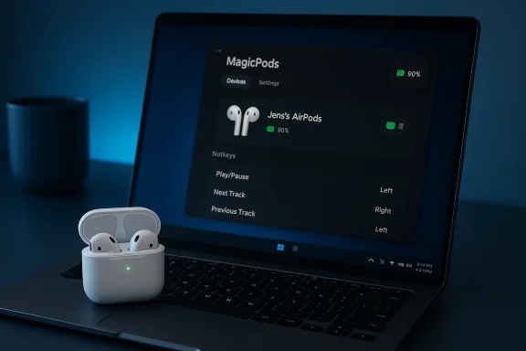 AirPods case open on a laptop keyboard, with a dark MagicPods app displayed on the screen.