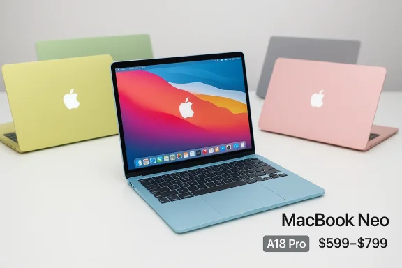 Pastel-colored MacBook Neo laptops arranged on a clean white desk.