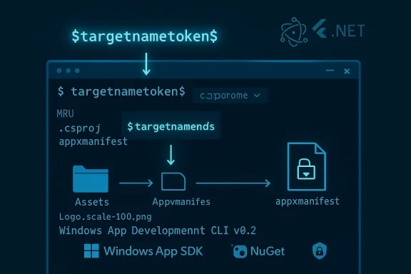 Diagram showing Windows app packaging flow from a target name token to Appxmanifest via Assets.