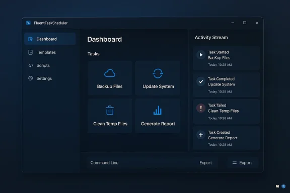 Dark FluentTaskScheduler dashboard with task tiles and an activity stream. Dark FluentTaskScheduler dashboard with task tiles and an activity stream.