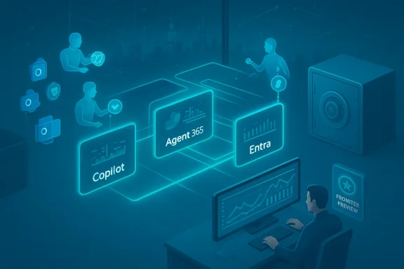A futuristic holographic dashboard links Copilot, Agent 365 and Entra for secure data management.