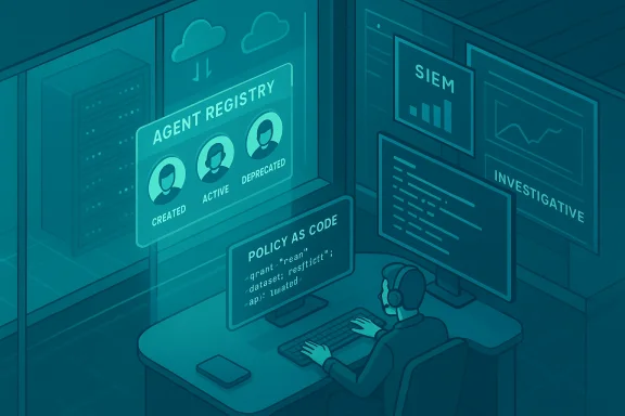 A security analyst monitors policy as code, SIEM, and an agent registry in a data center.