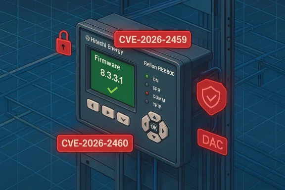 Relion REB500 control unit shows firmware 8.3.3.1 and CVE-2026-2459/2460.