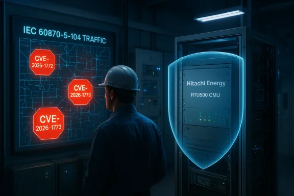 Engineer in a hard hat monitors CVE alerts on a high-tech control panel beside Hitachi Energy hardware.