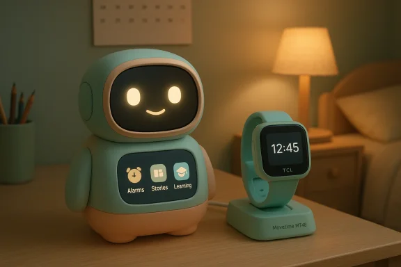 A teal robot toy with a glowing face sits beside a Movetime MT48 smartwatch on a bedside table.