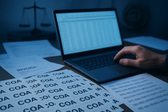 A person works on a laptop amid COA labels, invoices, and numeric data. A person works on a laptop amid COA labels, invoices, and numeric data.