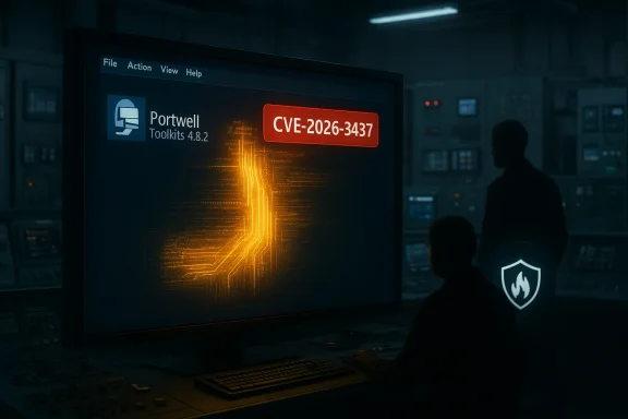 Dim control room with a glowing monitor showing CVE-2026-3437 alert over orange circuitry.