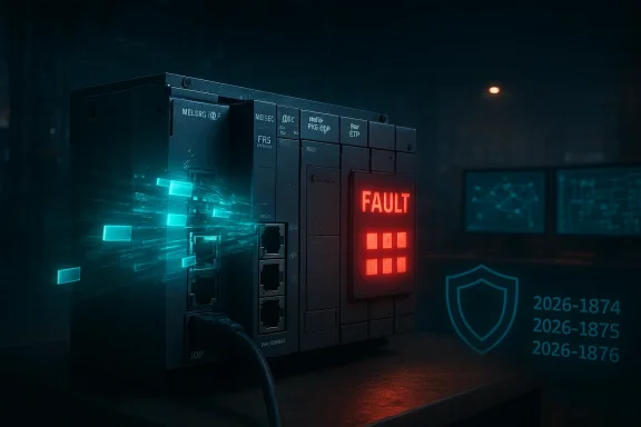 Dark industrial server displays a red 'FAULT' panel as blue data streams shoot from its side.