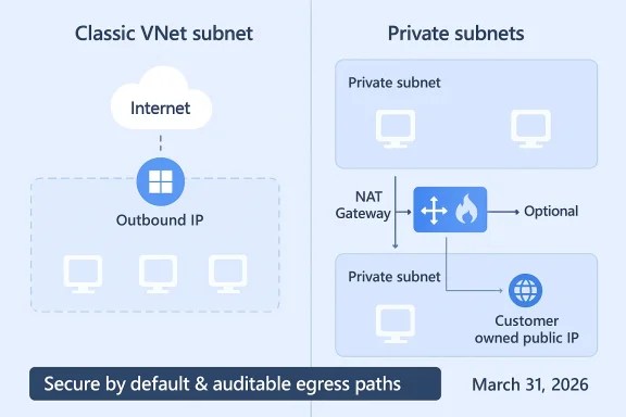Classic VNet vs private subnets: NAT gateway secures outbound traffic, with optional customer-owned public IP.