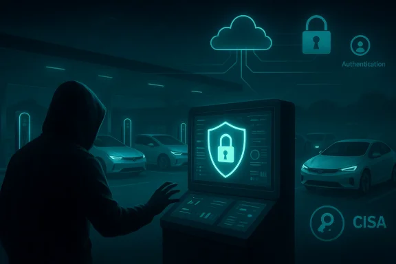 Hooded figure operates a cloud-based authentication kiosk in a car park.