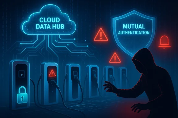 A hooded hacker targets a row of charging stations connected to a cloud data hub.