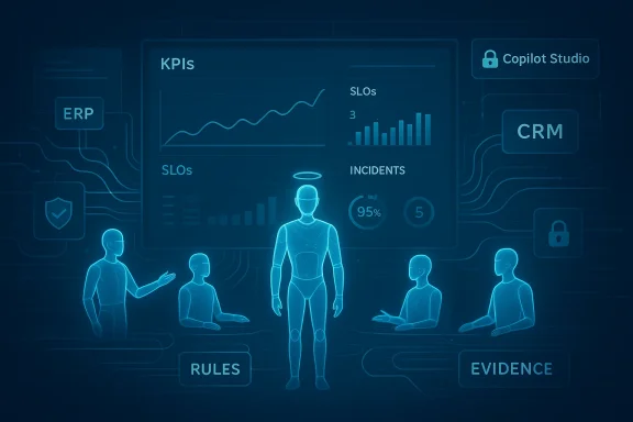 Futuristic blue holographic dashboard displaying KPIs, SLOs, incidents, and a central humanoid figure.