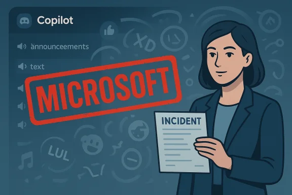 A person holds an incident report beneath a red MICROSOFT stamp on a Copilot interface.