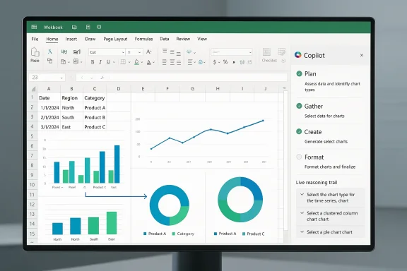 A computer monitor displays an Excel-like spreadsheet with multiple charts and a Copilot task pane.