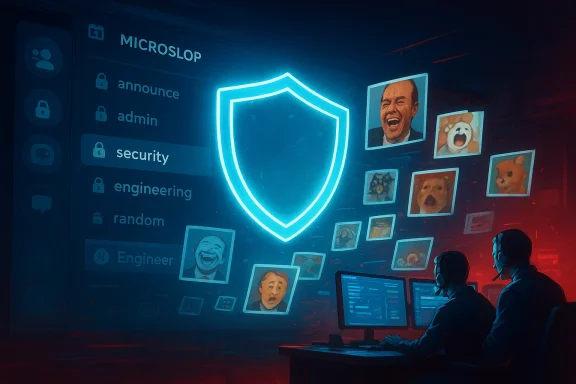 Two analysts monitor a neon shield security interface with avatar photos.