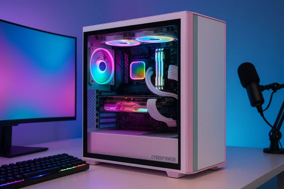White PC with a transparent side panel and RGB lighting, on a desk beside a monitor and keyboard.