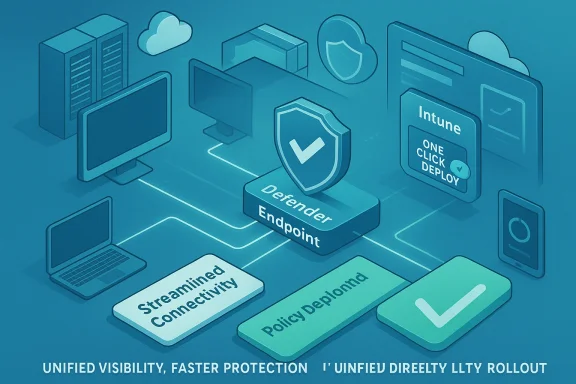 Isometric illustration of Defender Endpoint and Intune deployment in a cloud-connected security network.