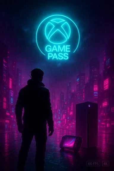 A silhouetted figure stands before a glowing Xbox Game Pass sign in a neon, rain-soaked city.