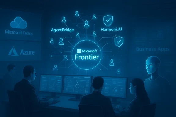 A futuristic control room showcasing the Microsoft Frontier AI hub with Azure and security icons.