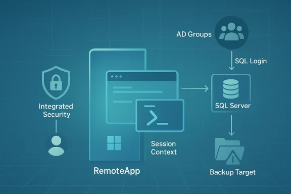 Diagram illustrating integrated security for a RemoteApp workflow with AD groups, SQL login, and a backup target.