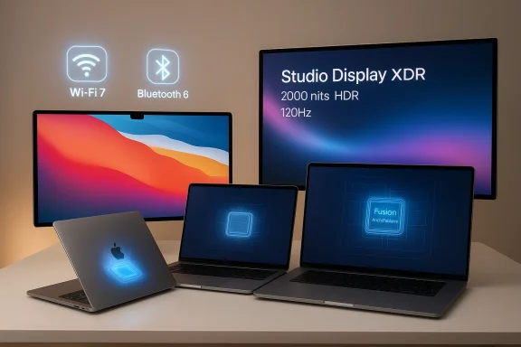 Apple tech setup with Studio Display XDR and several MacBook Pros on a desk.