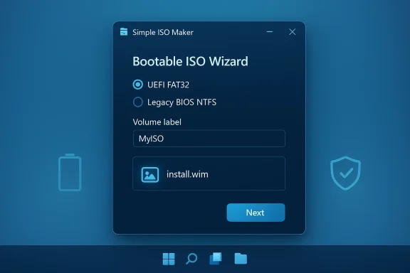 Bootable ISO Wizard in Simple ISO Maker, showing UEFI FAT32, volume label MyISO, and install.wim.